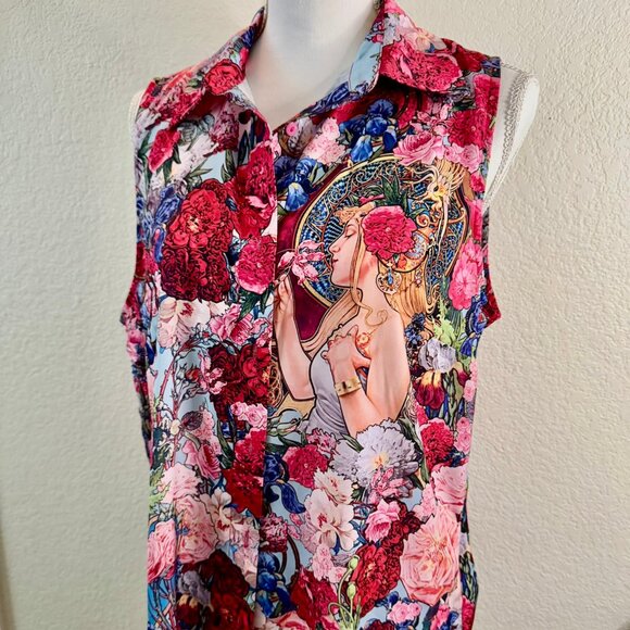 Fragrance Of Violets  Pink red Art Nouveau Sleeveless blouse NWT - Picture 2 of 6
